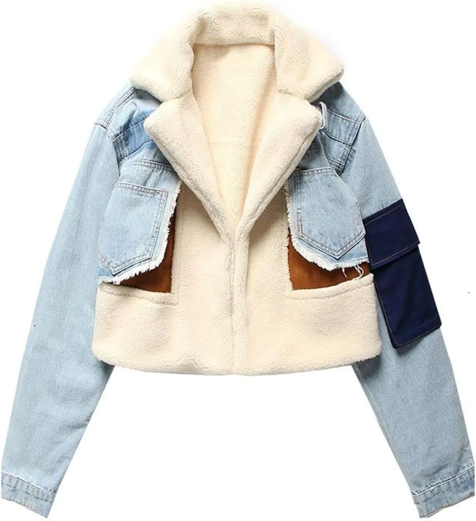 Kwoki Women's Fleece Denim Jacket Lapel Thicken Warm Patchwork Cropped Jean Outerwear