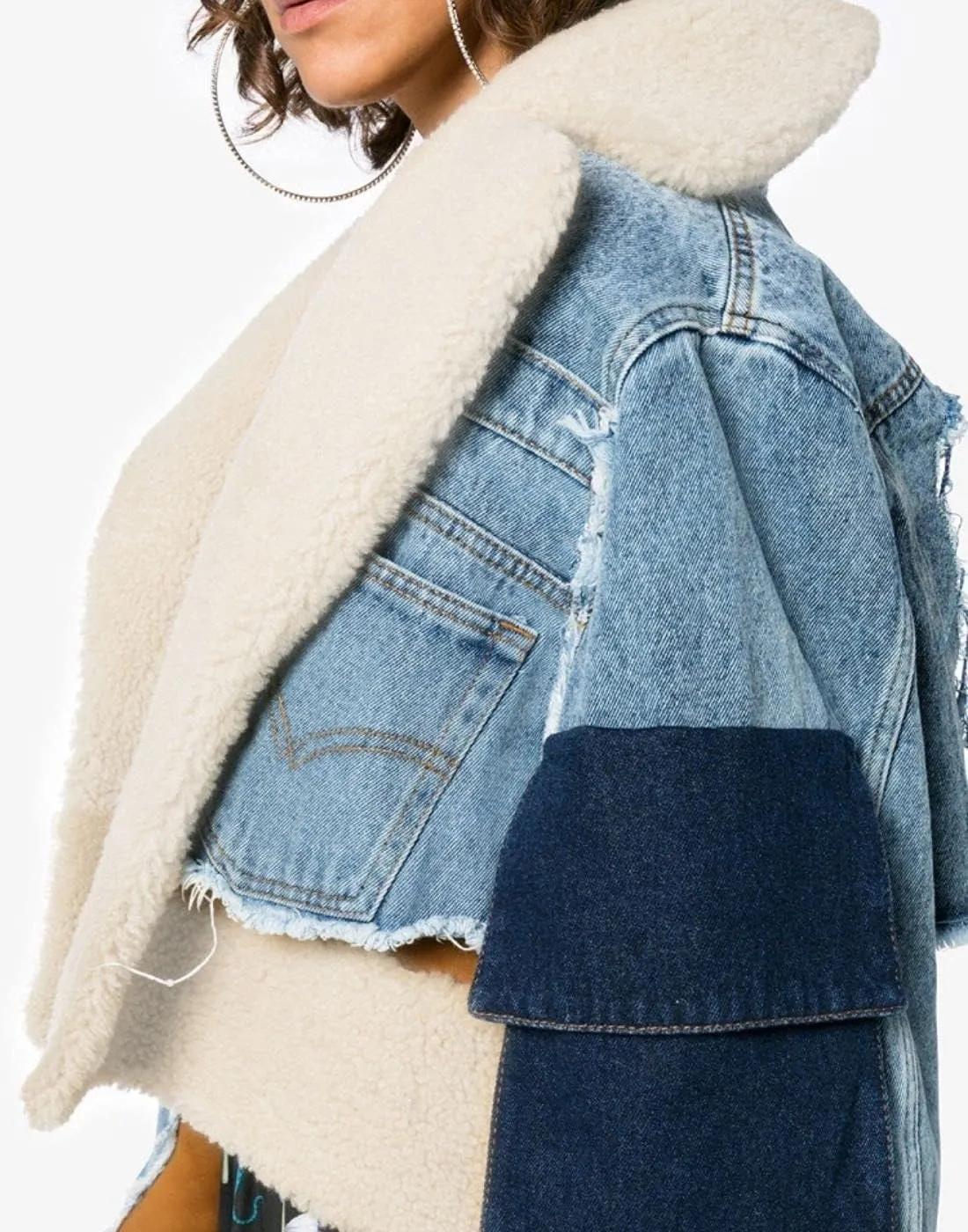 Kwoki Women's Fleece Denim Jacket Lapel Thicken Warm Patchwork Cropped Jean Outerwear