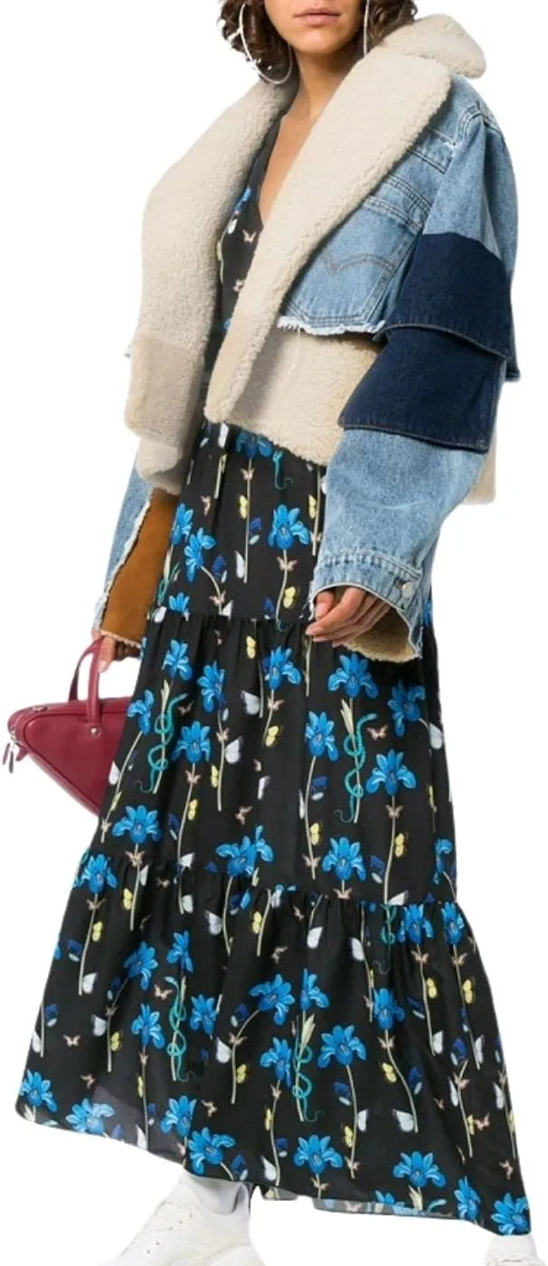 Kwoki Women's Fleece Denim Jacket Lapel Thicken Warm Patchwork Cropped Jean Outerwear
