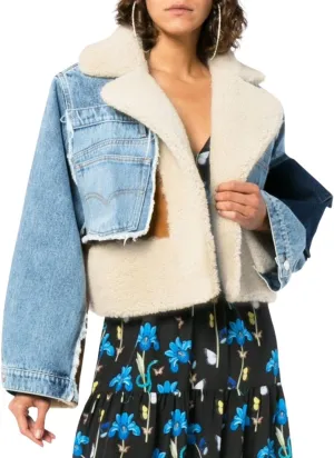 Kwoki Women's Fleece Denim Jacket Lapel Thicken Warm Patchwork Cropped Jean Outerwear