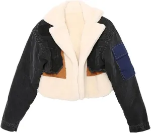 Kwoki Women's Fleece Denim Jacket Lapel Thicken Warm Patchwork Cropped Jean Outerwear