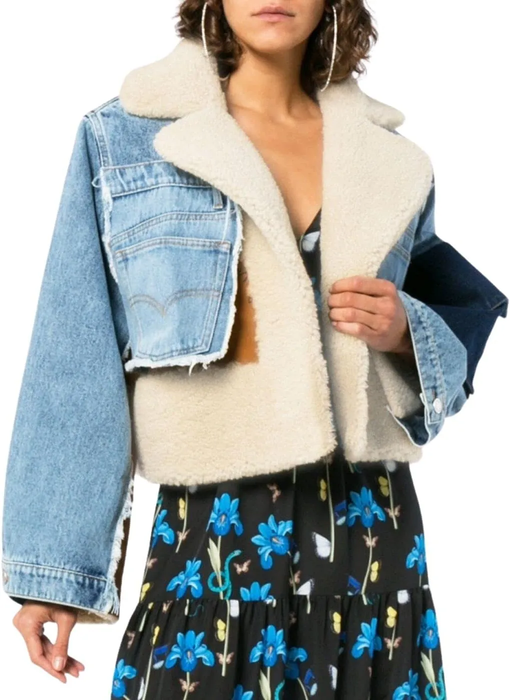 Kwoki Women's Fleece Denim Jacket Lapel Thicken Warm Patchwork Cropped Jean Outerwear