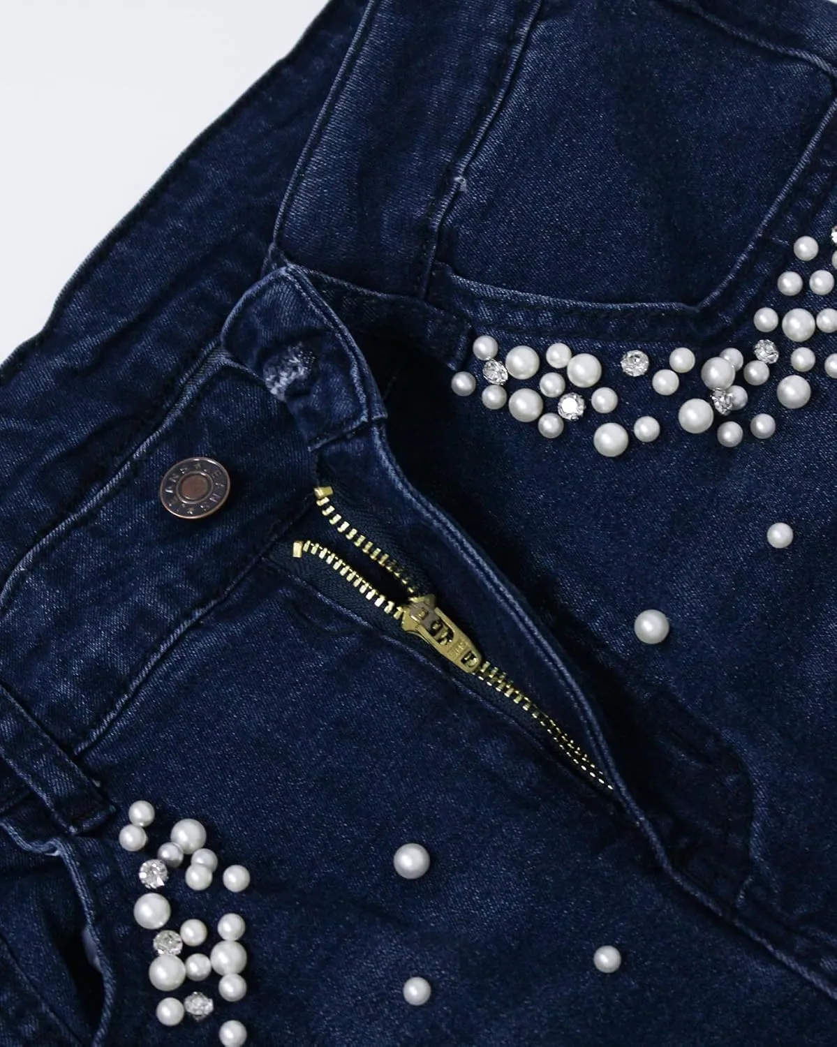 Ladyful Women's Skinny Jeans Classic Mid Waist Stretchy Denim Pants with Pearls Rhinestones