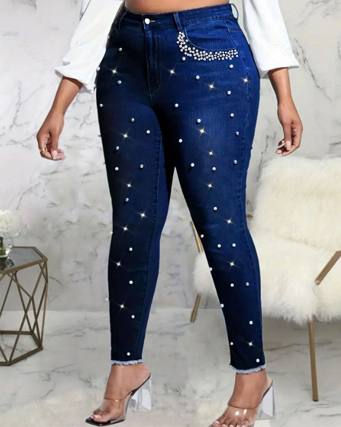 Ladyful Women's Skinny Jeans Classic Mid Waist Stretchy Denim Pants with Pearls Rhinestones