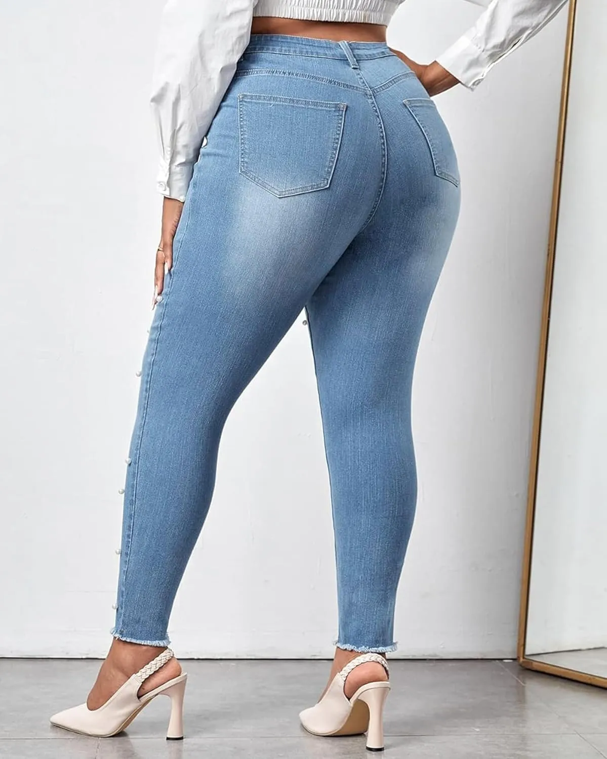 Ladyful Women's Skinny Jeans Classic Mid Waist Stretchy Denim Pants with Pearls Rhinestones