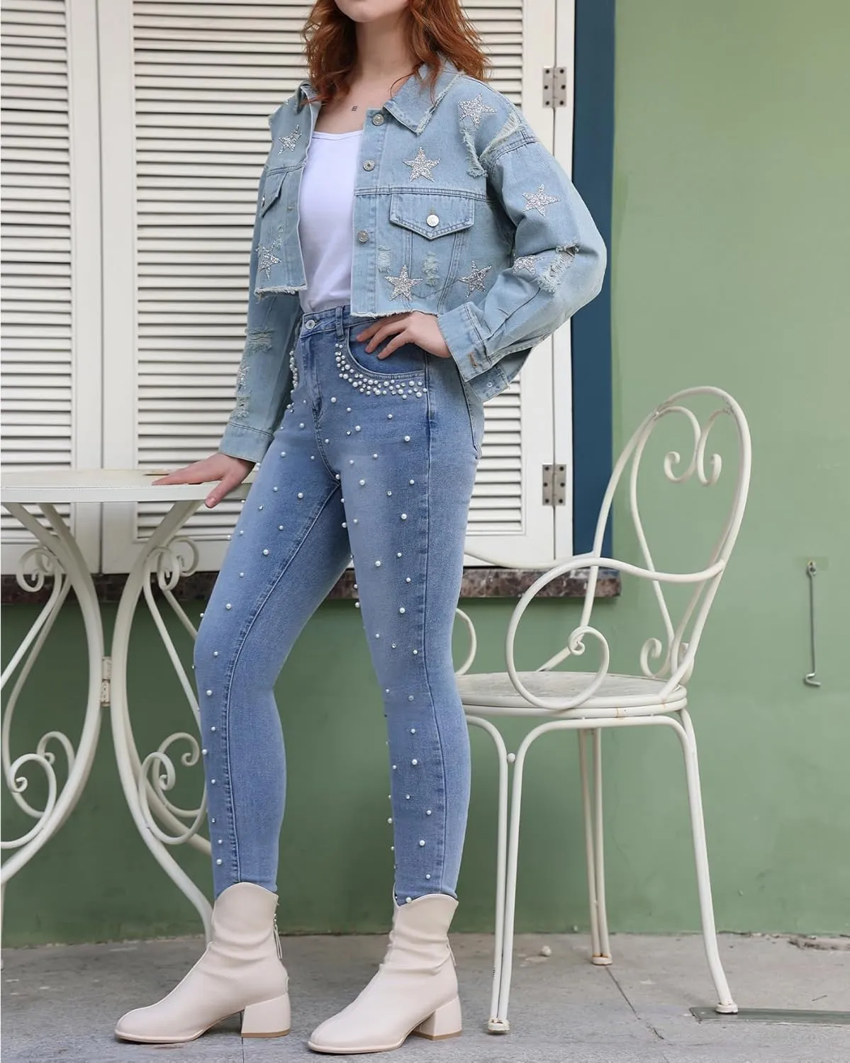 Ladyful Women's Skinny Jeans Classic Mid Waist Stretchy Denim Pants with Pearls Rhinestones
