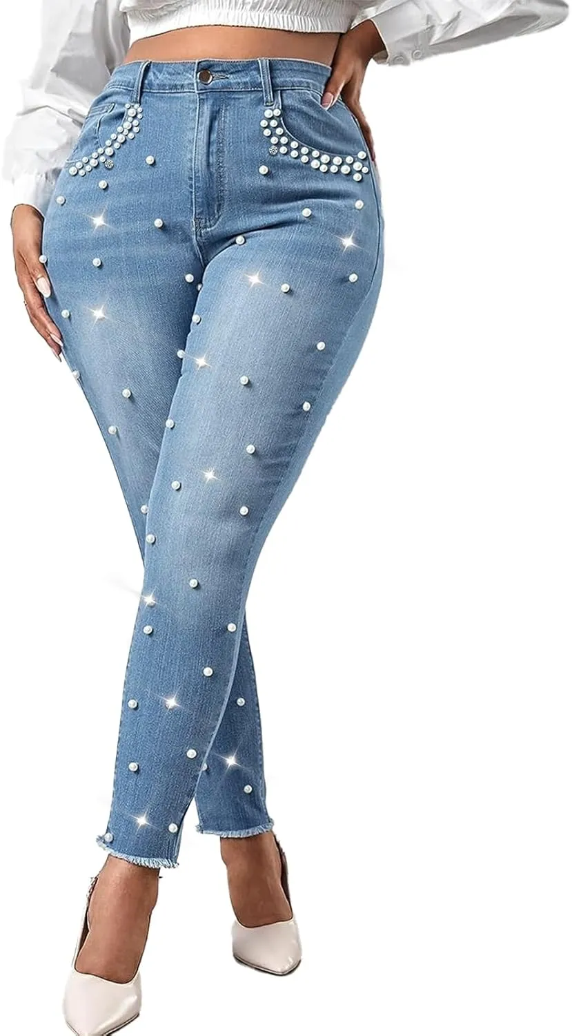 Ladyful Women's Skinny Jeans Classic Mid Waist Stretchy Denim Pants with Pearls Rhinestones
