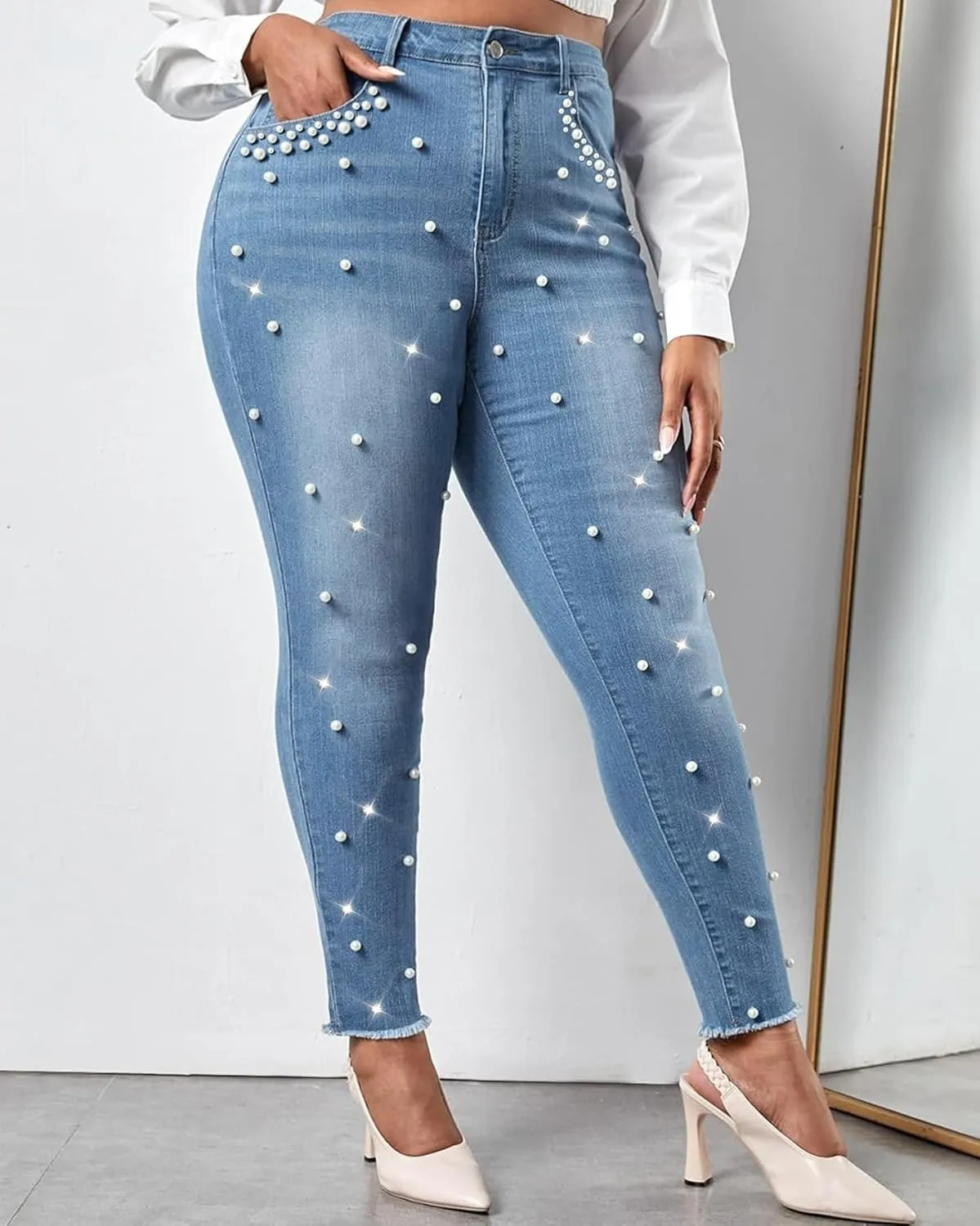Ladyful Women's Skinny Jeans Classic Mid Waist Stretchy Denim Pants with Pearls Rhinestones