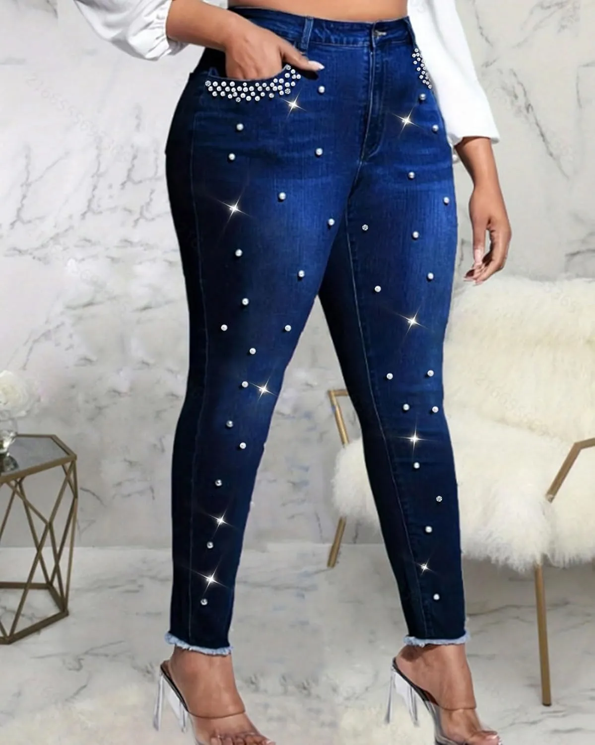 Ladyful Women's Skinny Jeans Classic Mid Waist Stretchy Denim Pants with Pearls Rhinestones