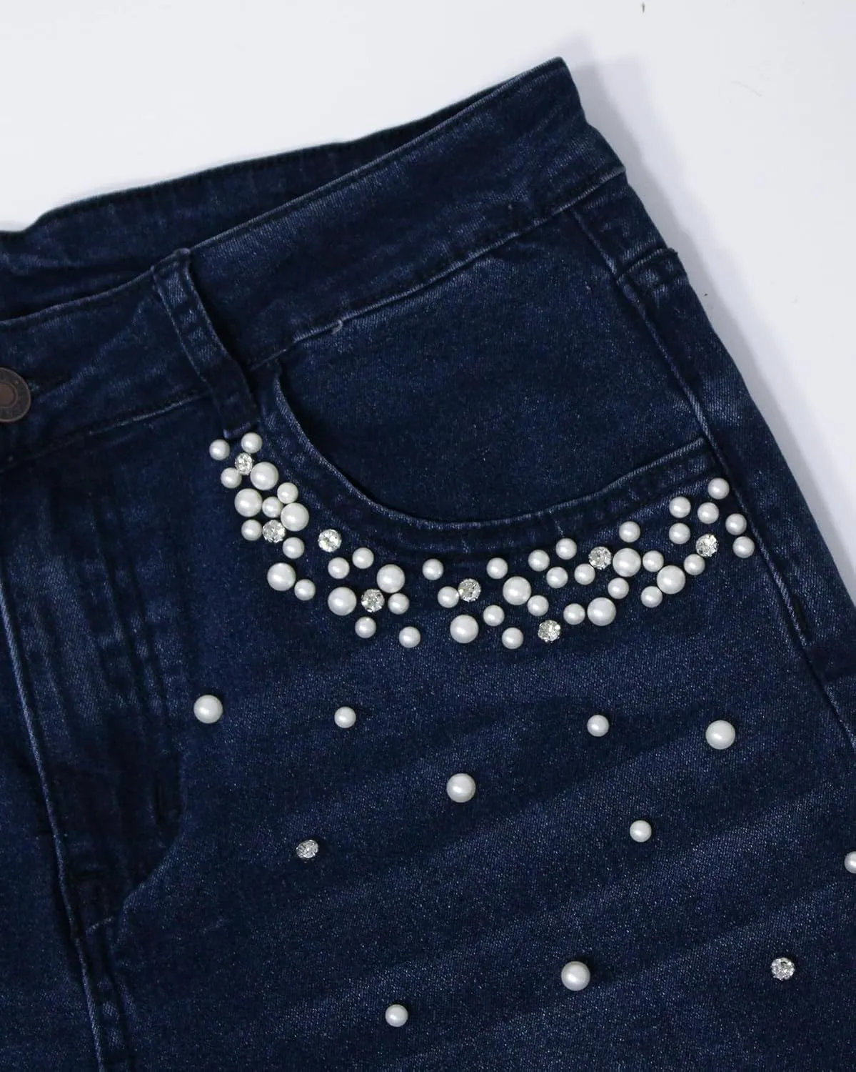 Ladyful Women's Skinny Jeans Classic Mid Waist Stretchy Denim Pants with Pearls Rhinestones