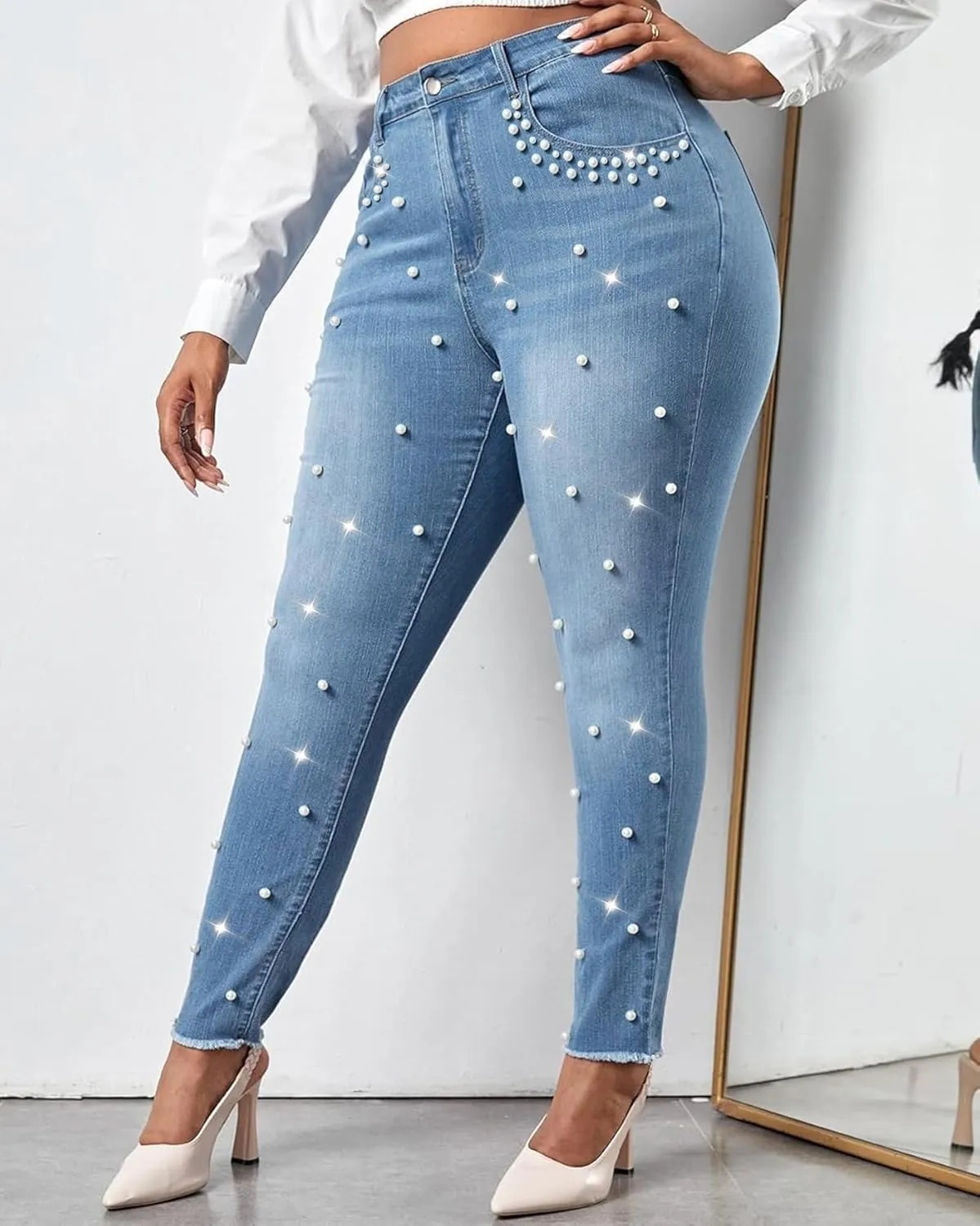 Ladyful Women's Skinny Jeans Classic Mid Waist Stretchy Denim Pants with Pearls Rhinestones