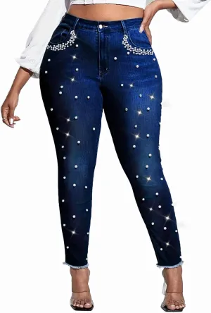 Ladyful Women's Skinny Jeans Classic Mid Waist Stretchy Denim Pants with Pearls Rhinestones