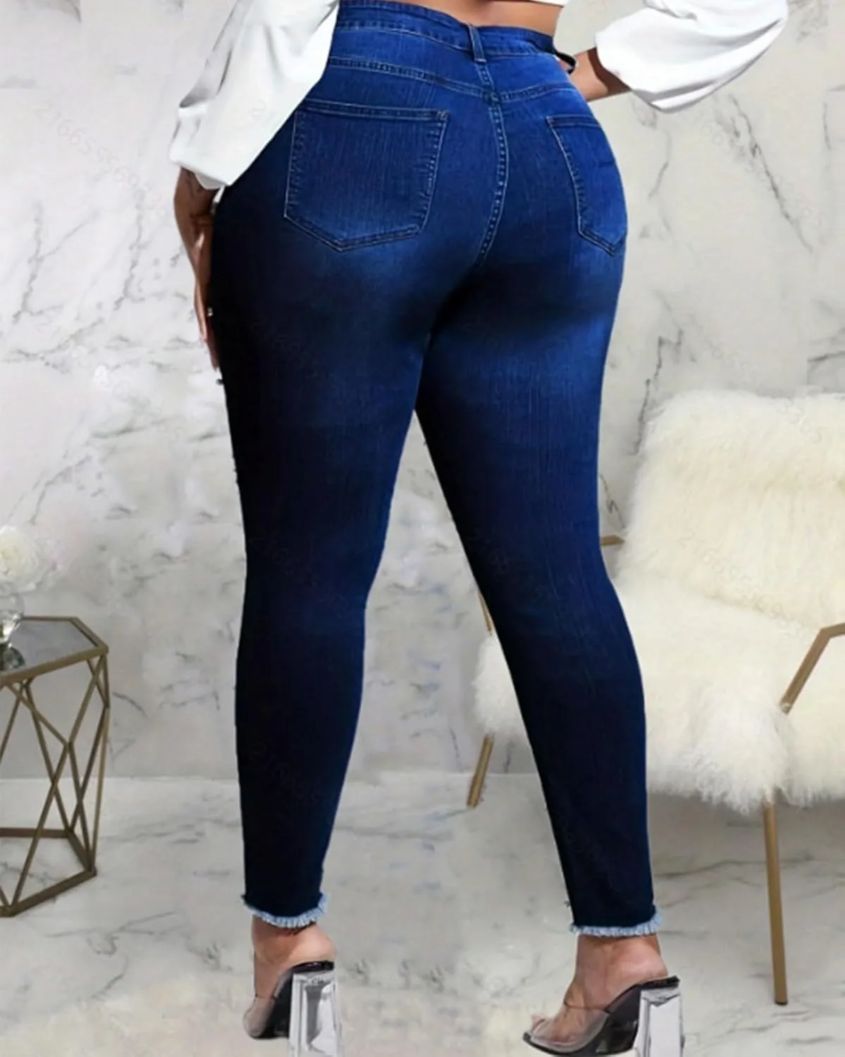 Ladyful Women's Skinny Jeans Classic Mid Waist Stretchy Denim Pants with Pearls Rhinestones