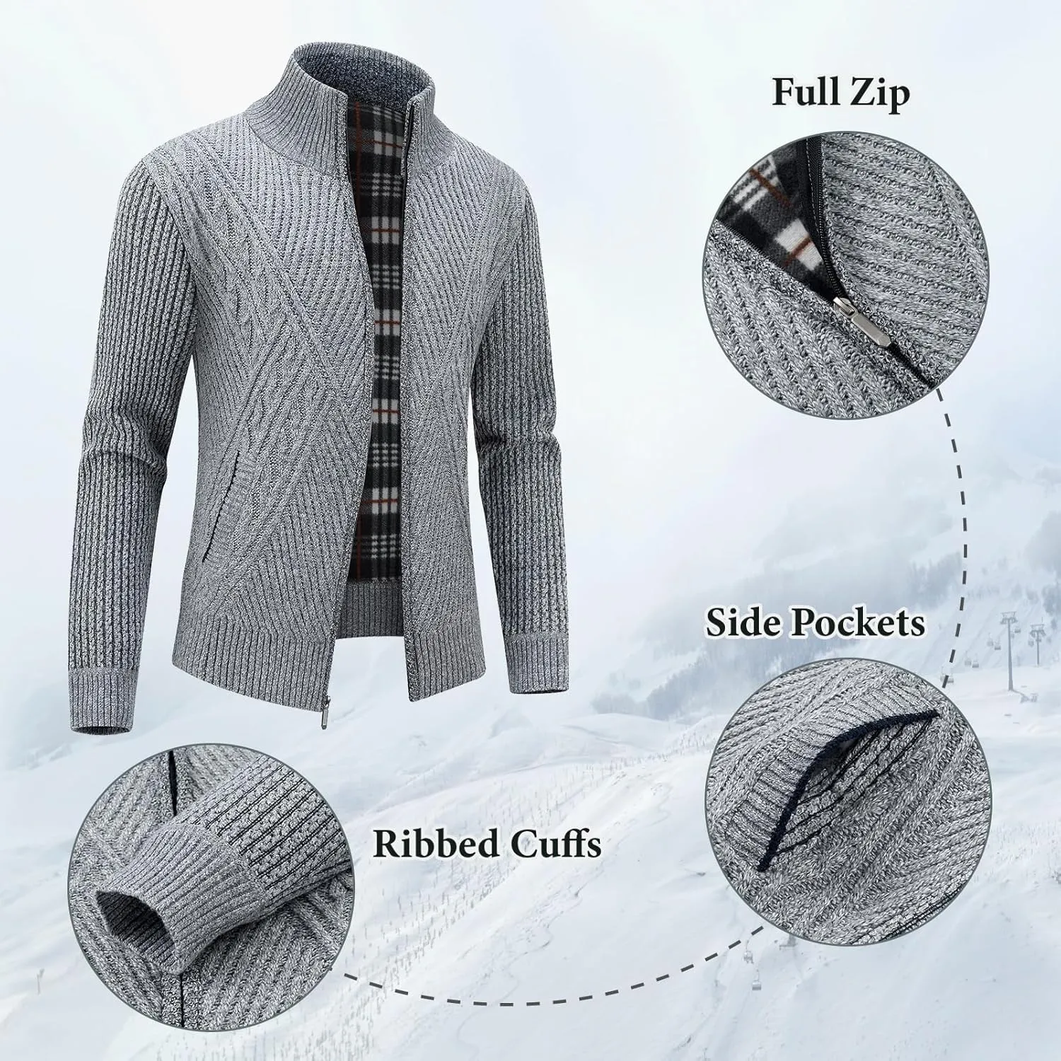 Lamgool Men's Full Zip Sweater Knit Long Sleeve Stand Collar Cardigan Sweaters
