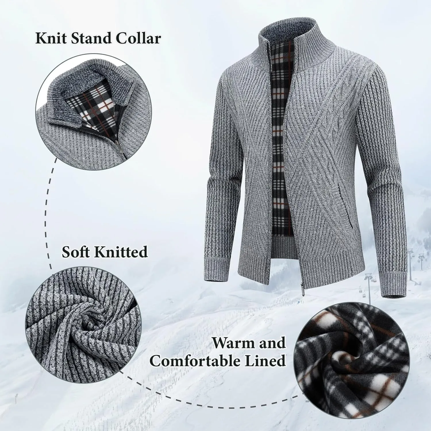 Lamgool Men's Full Zip Sweater Knit Long Sleeve Stand Collar Cardigan Sweaters
