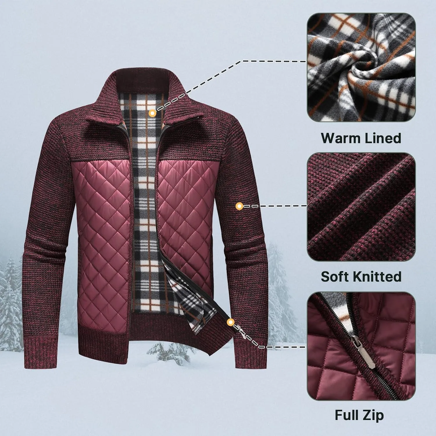 Lamgool Men's Full Zip Sweater Long Sleeve Casual Slim Fit Cardigan Sweaters