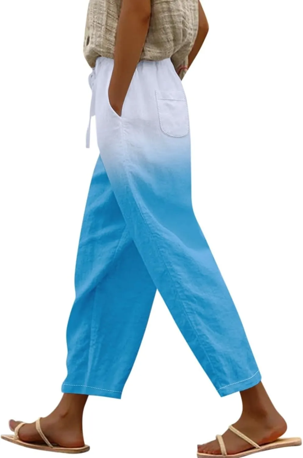 LCMTWX Lightweight Pants Women Drawstring Capri Pants with Pockets Wide Leg Cropped Pants for Women Womens Linen Pants Boho