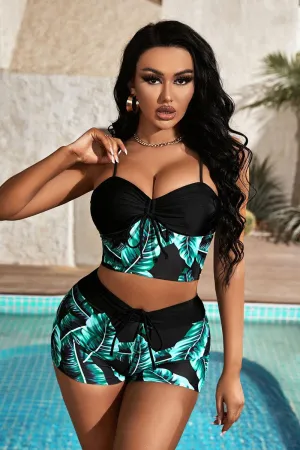 Leaf Print Patchwork Stylish Lace-Up Bikini