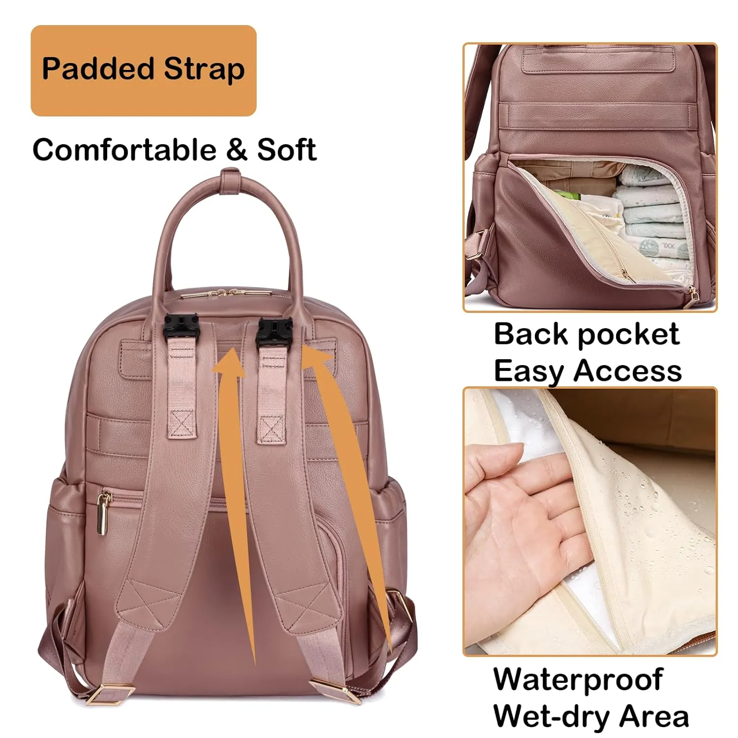 Leather Diaper Bag Backpack for Women with Multiple Pockets,Laptop Compartment and Changing Pad.