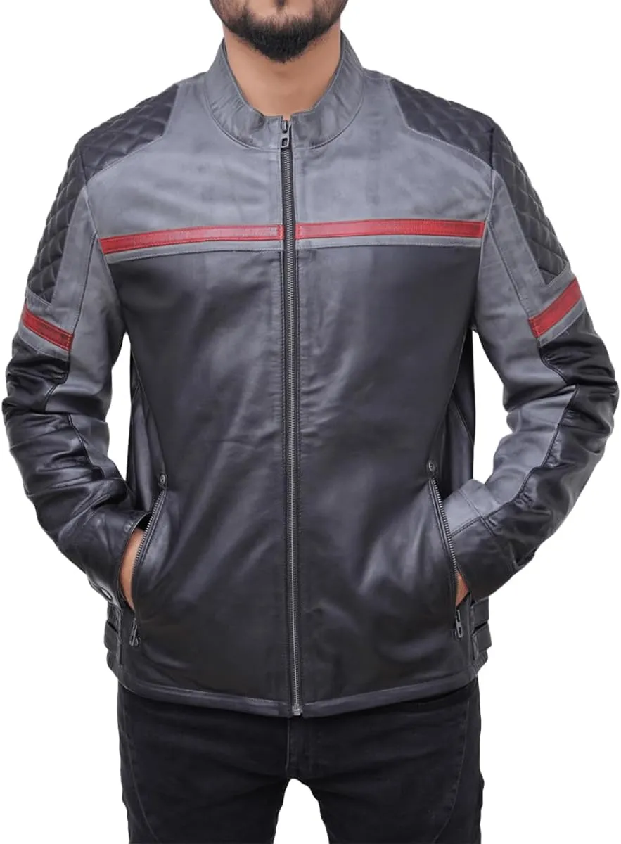 Leather Jacket For Men | Genuine Leather Handmade Motorcycle Jacket Contrast Stripes Viscose Lining Moto Style