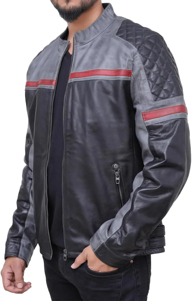 Leather Jacket For Men | Genuine Leather Handmade Motorcycle Jacket Contrast Stripes Viscose Lining Moto Style