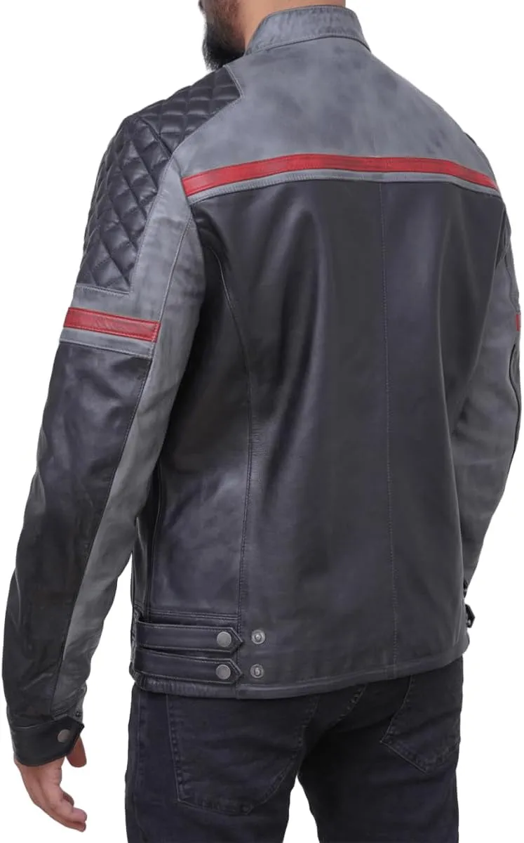 Leather Jacket For Men | Genuine Leather Handmade Motorcycle Jacket Contrast Stripes Viscose Lining Moto Style