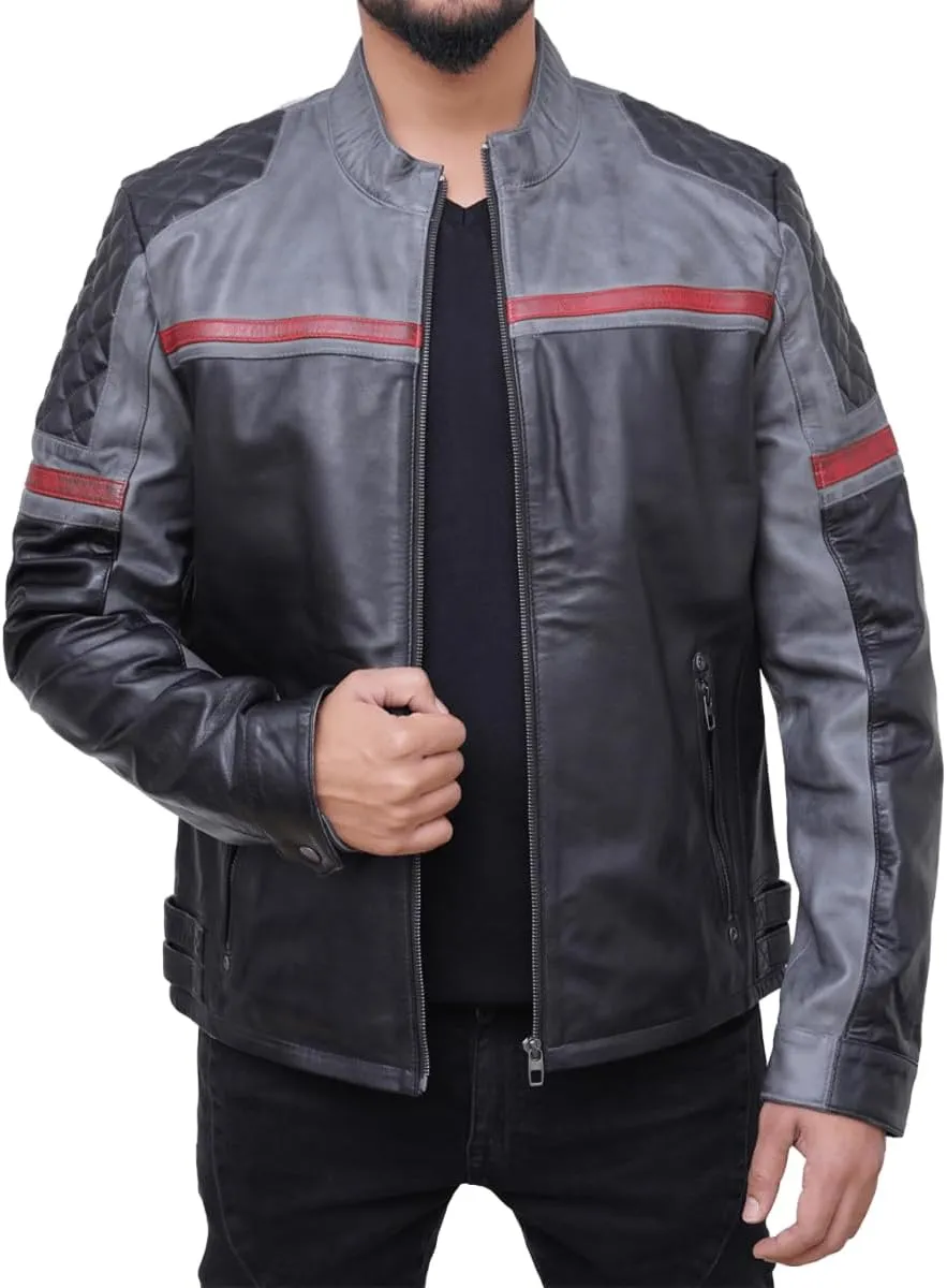 Leather Jacket For Men | Genuine Leather Handmade Motorcycle Jacket Contrast Stripes Viscose Lining Moto Style
