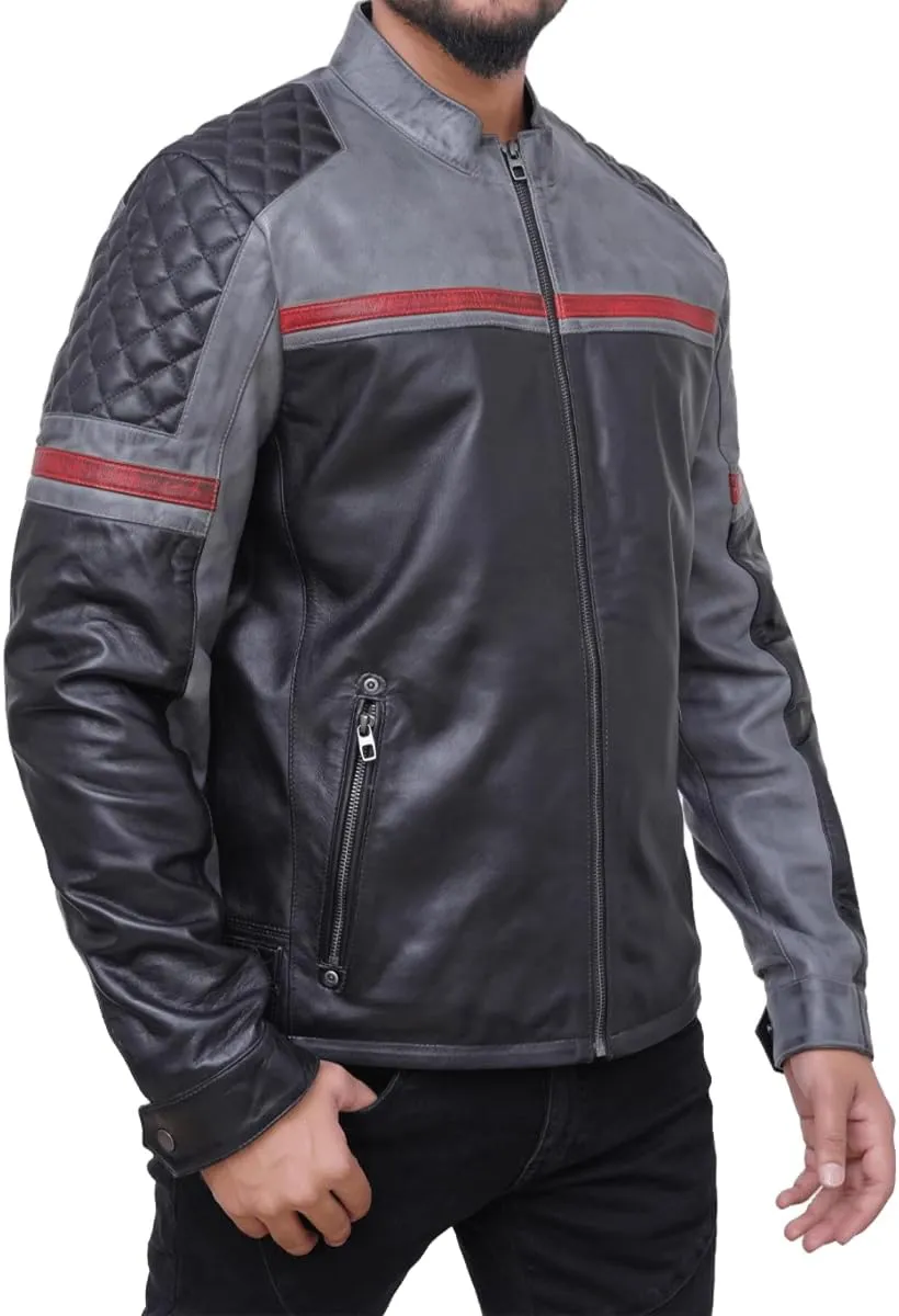 Leather Jacket For Men | Genuine Leather Handmade Motorcycle Jacket Contrast Stripes Viscose Lining Moto Style