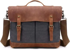 Leather Messenger Bag,Water-Resistant Canvas Satchel Briefcase Padded 14inch Laptop Shoulder Bag