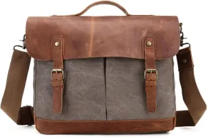 Leather Messenger Bag,Water-Resistant Canvas Satchel Briefcase Padded 14inch Laptop Shoulder Bag