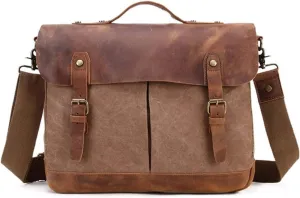 Leather Messenger Bag,Water-Resistant Canvas Satchel Briefcase Padded 14inch Laptop Shoulder Bag