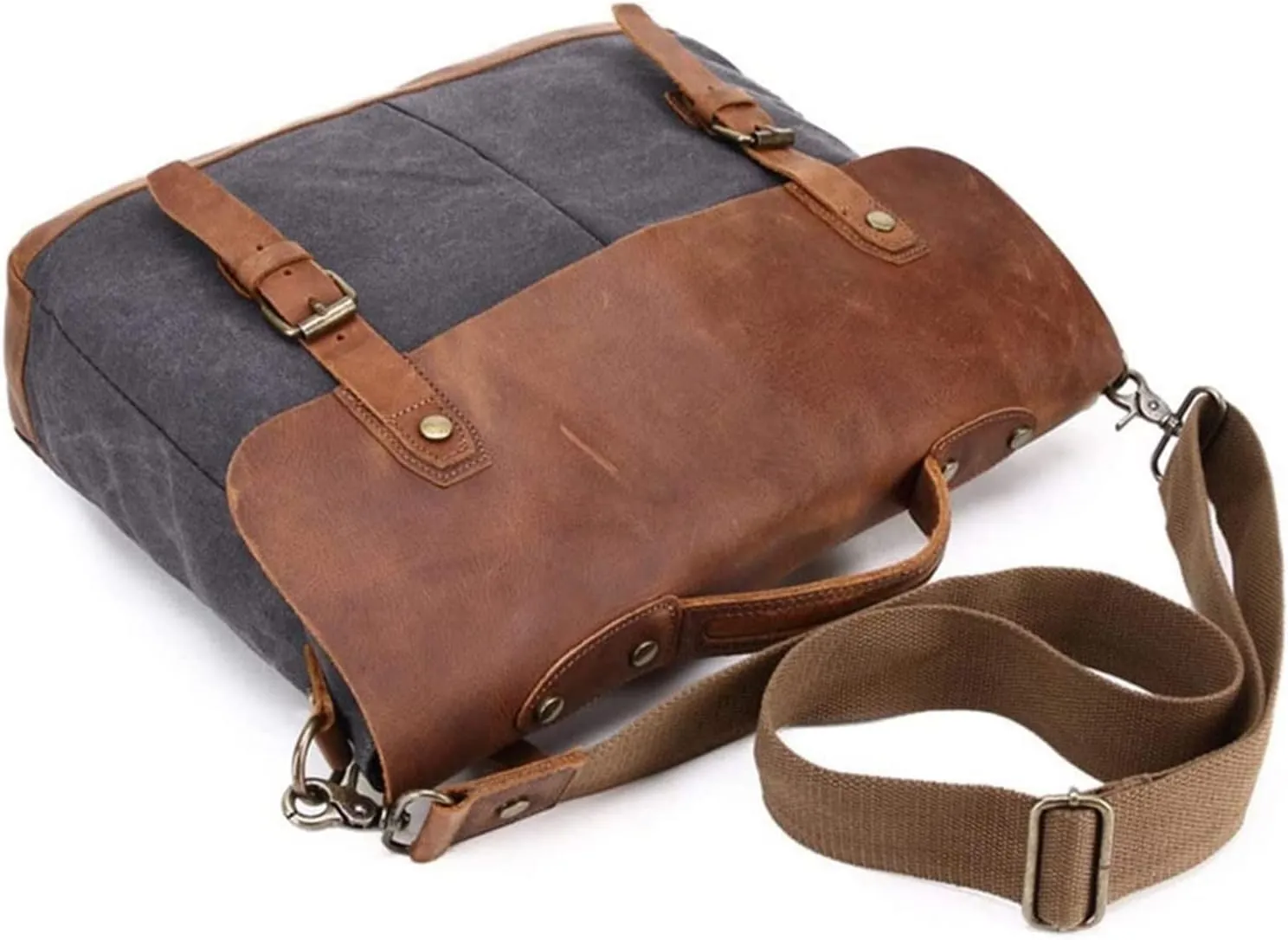 Leather Messenger Bag,Water-Resistant Canvas Satchel Briefcase Padded 14inch Laptop Shoulder Bag