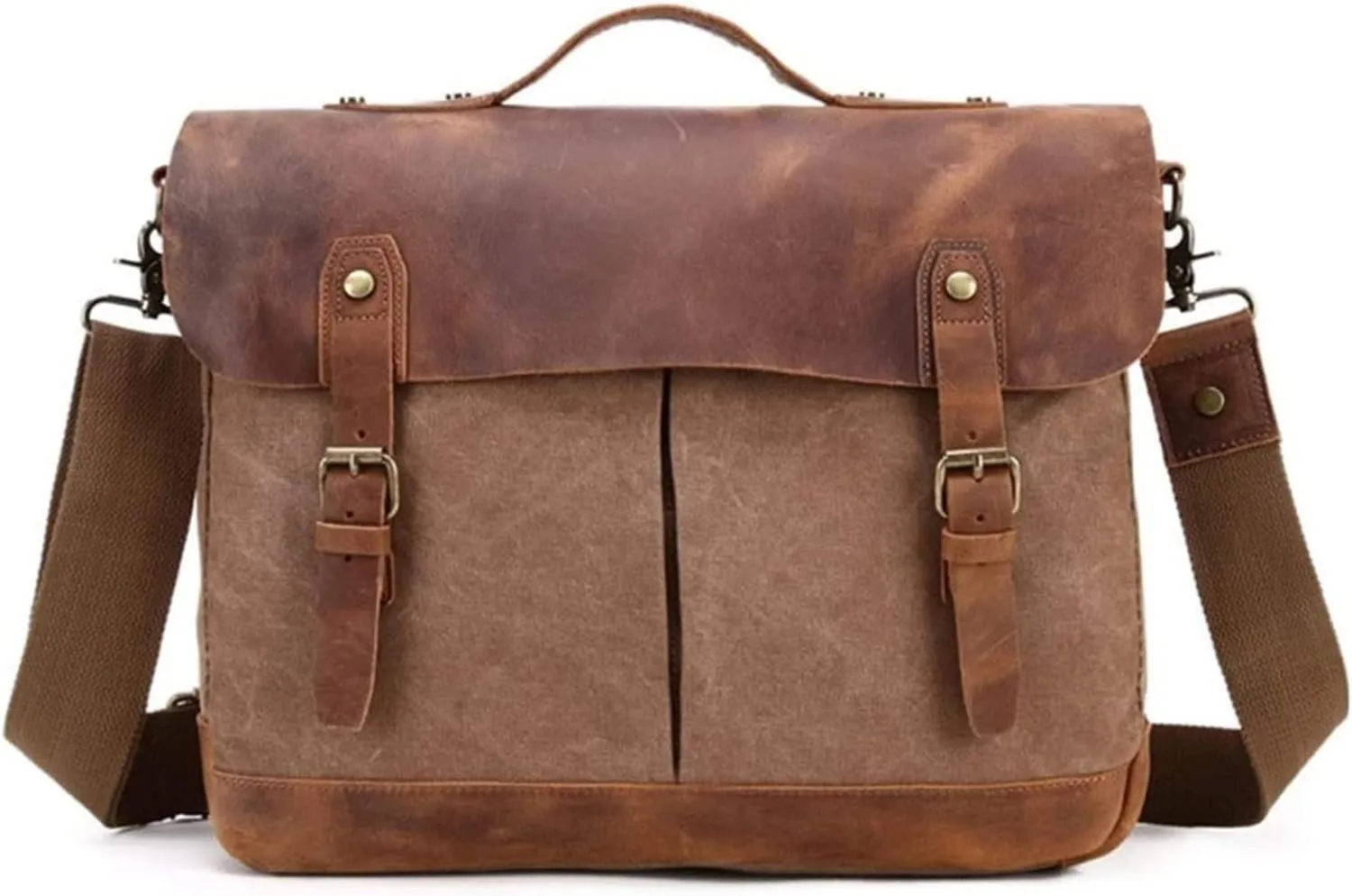 Leather Messenger Bag,Water-Resistant Canvas Satchel Briefcase Padded 14inch Laptop Shoulder Bag