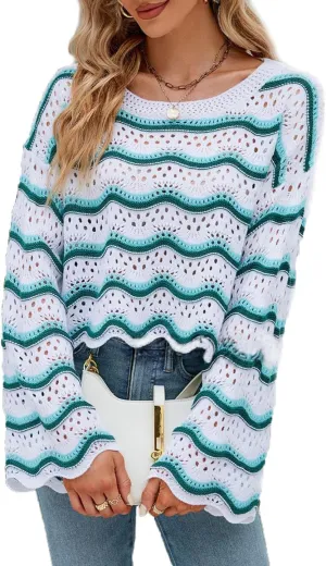 Lemon Girl Hollow Out Knit Stripe Sweaters Tops Dolman Sleeves Pullovers Loose Pullover Top