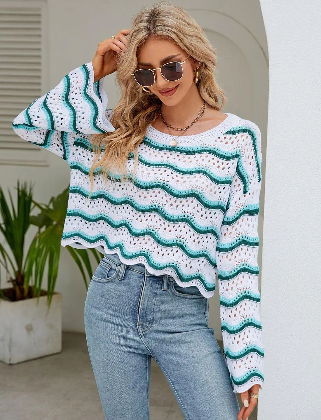Lemon Girl Hollow Out Knit Stripe Sweaters Tops Dolman Sleeves Pullovers Loose Pullover Top