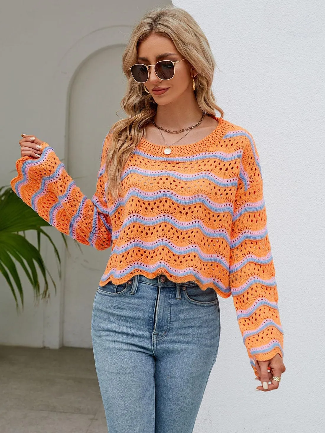Lemon Girl Hollow Out Knit Stripe Sweaters Tops Dolman Sleeves Pullovers Loose Pullover Top