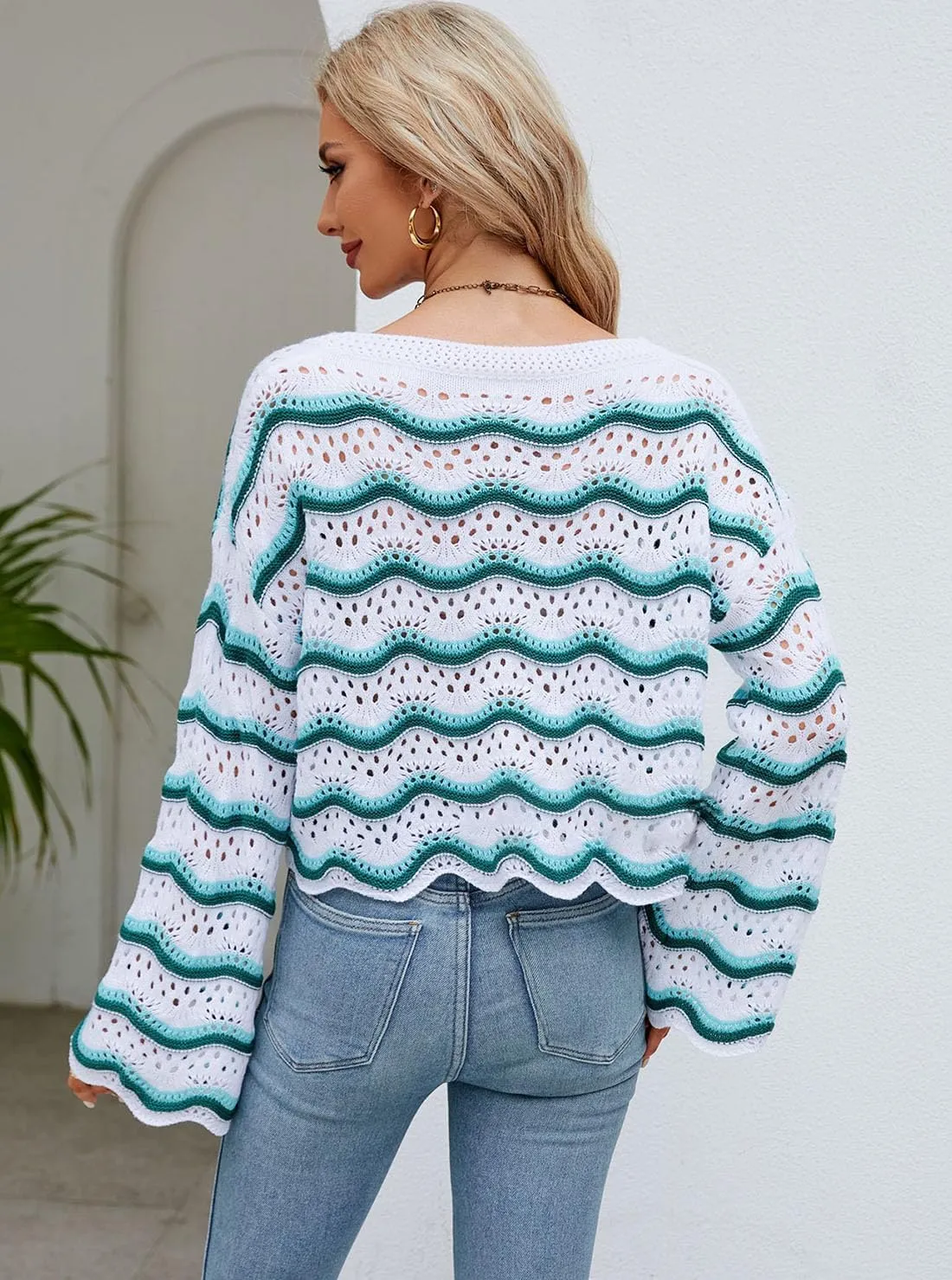 Lemon Girl Hollow Out Knit Stripe Sweaters Tops Dolman Sleeves Pullovers Loose Pullover Top