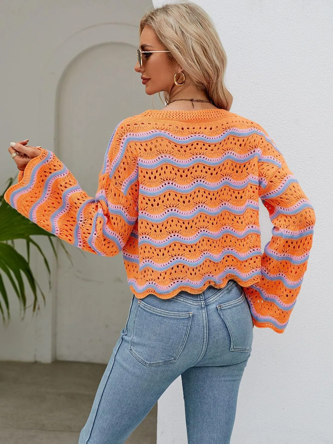 Lemon Girl Hollow Out Knit Stripe Sweaters Tops Dolman Sleeves Pullovers Loose Pullover Top