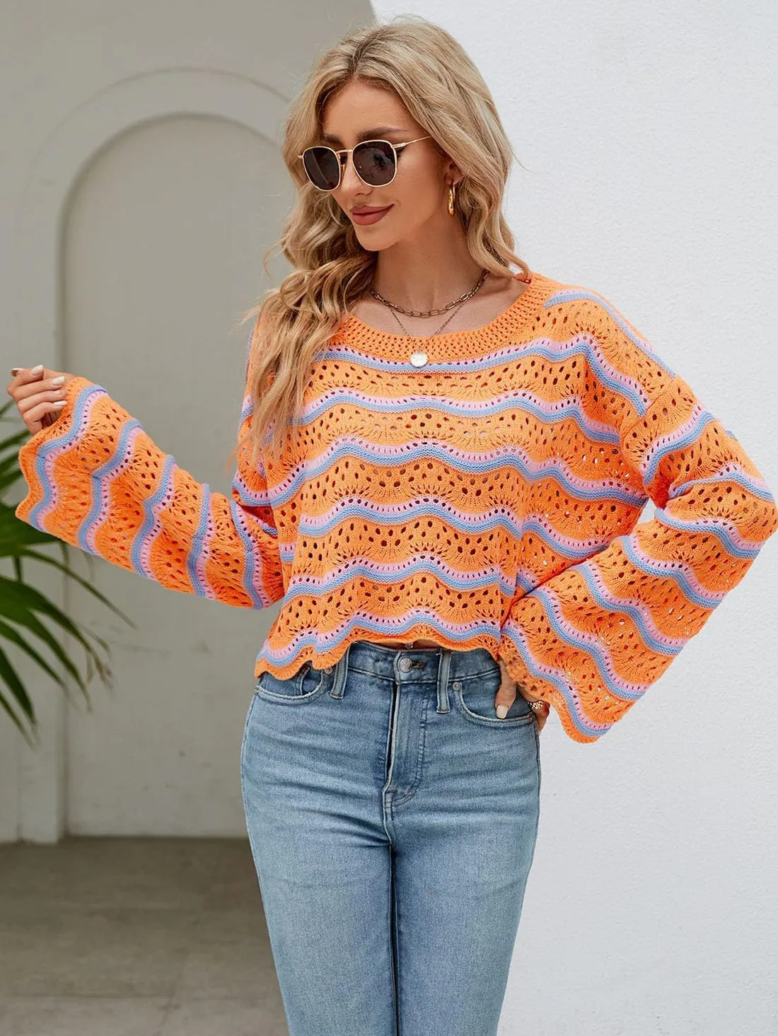 Lemon Girl Hollow Out Knit Stripe Sweaters Tops Dolman Sleeves Pullovers Loose Pullover Top