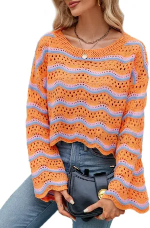 Lemon Girl Hollow Out Knit Stripe Sweaters Tops Dolman Sleeves Pullovers Loose Pullover Top