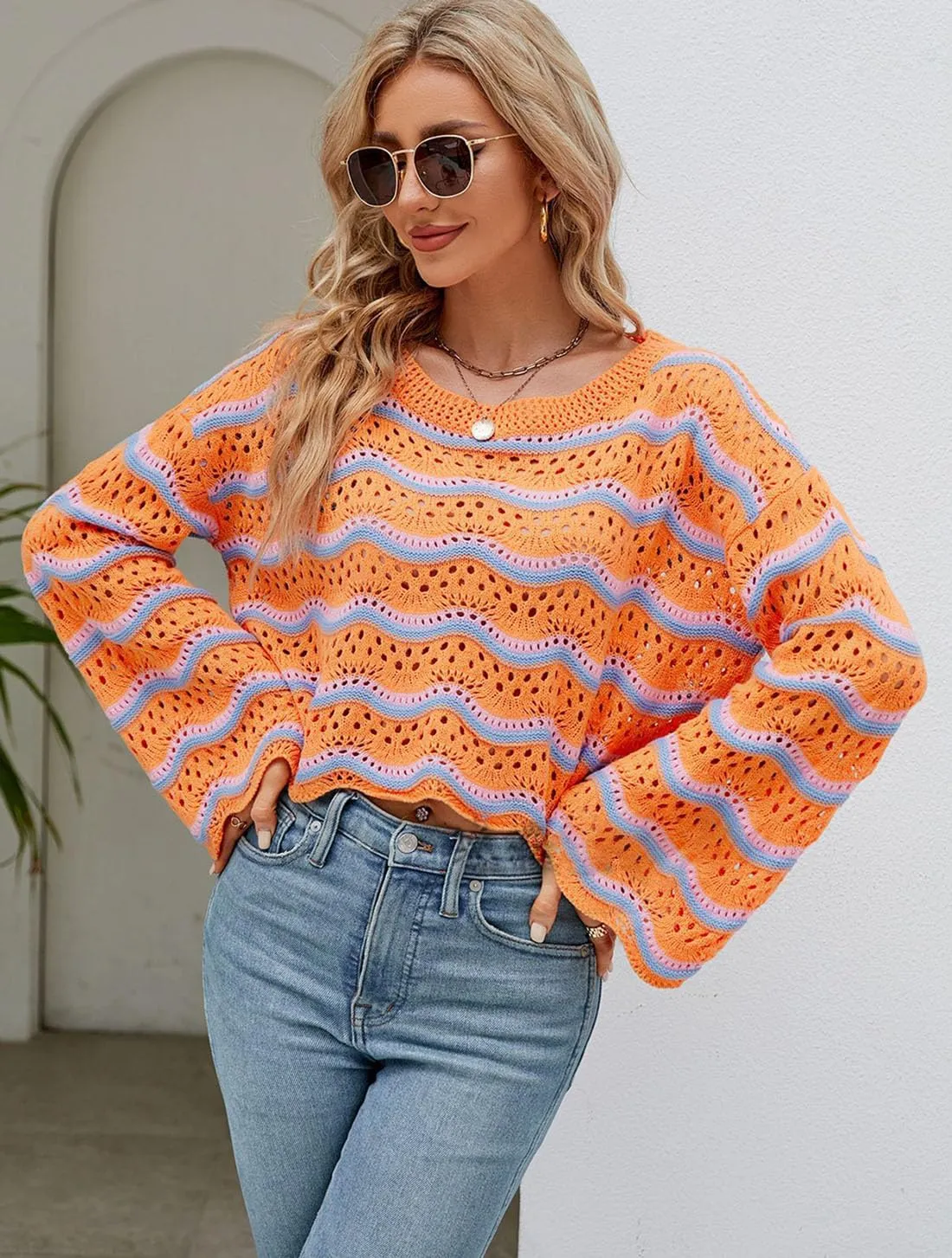 Lemon Girl Hollow Out Knit Stripe Sweaters Tops Dolman Sleeves Pullovers Loose Pullover Top