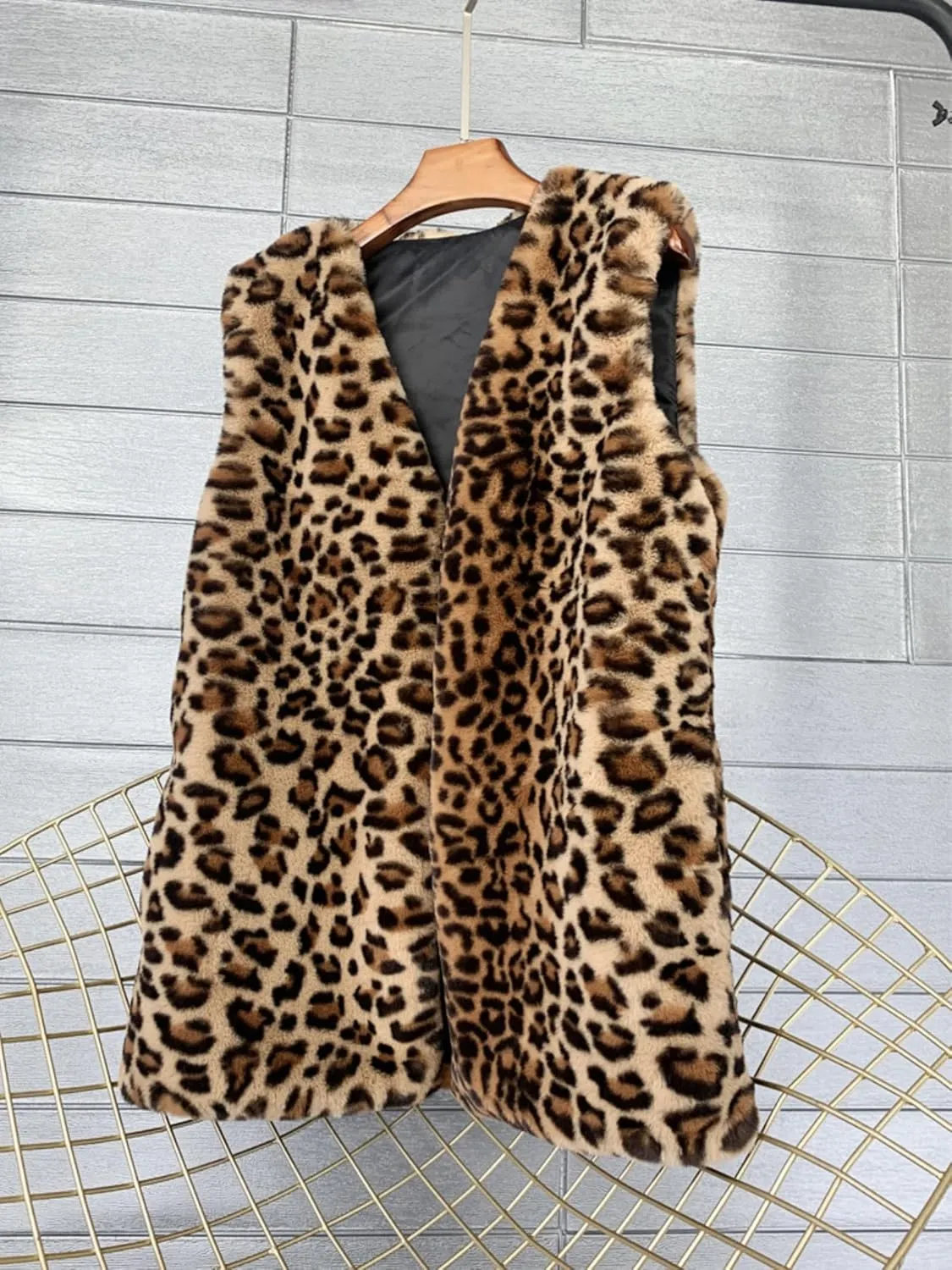 Leopard Print Fleece Vest Women Faux Fur Vest Coat Cheetah Casual Sleeveless Jacket Y2k Fall Winter Outerwear