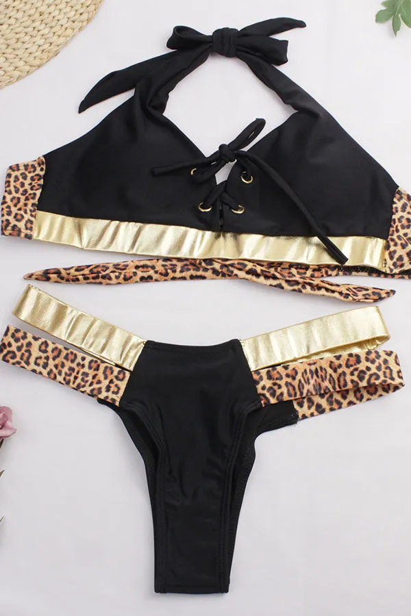Leopard Print Stylish Lace-Up Bikini