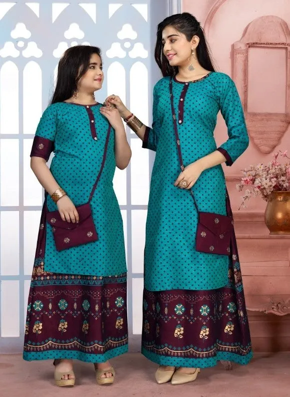 Like Mom Like Daughter Bluish Green Stylish Printed Rayon Kurti With Skirt & Purse