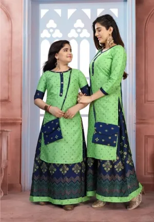 Like Mom Like Daughter Green Stylish Printed Rayon Kurti With Skirt