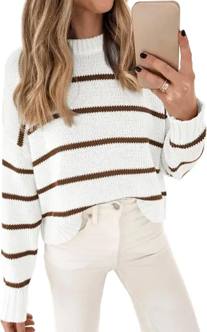 LILLUSORY Womens Cropped Striped Sweater Casual Pullover Ribbed Knit Cute Crewneck Sweaters