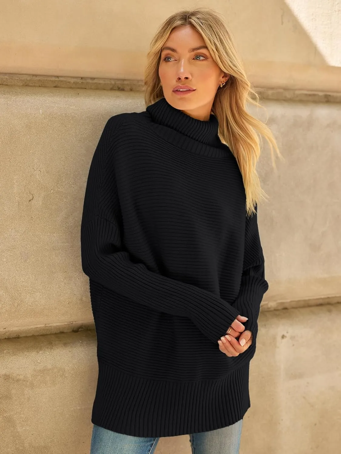 LILLUSORY Women's Oversized Turtleneck Sweaters Fall Batwing Sleeve Ribbed Tunic Sweater
