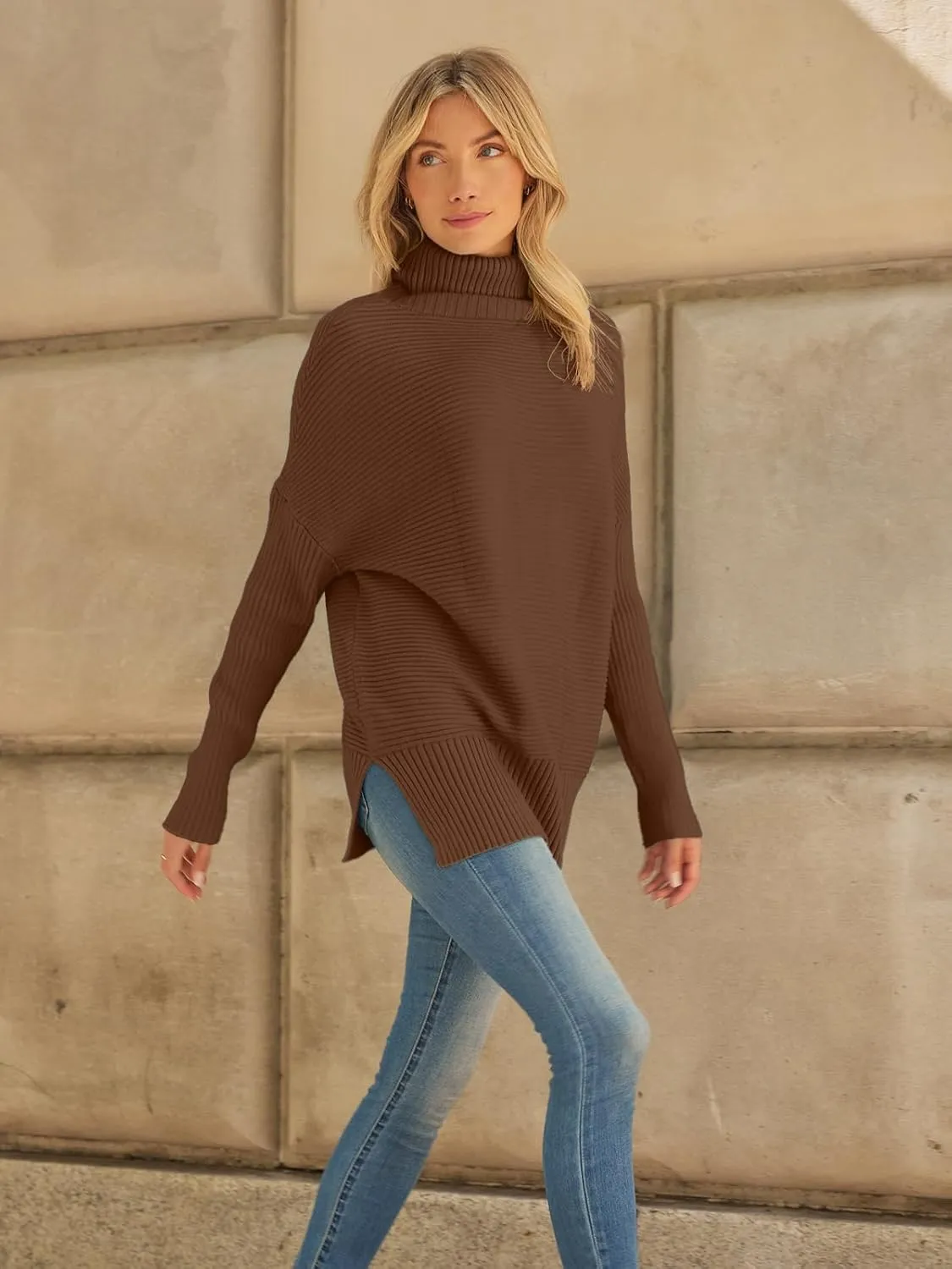 LILLUSORY Women's Oversized Turtleneck Sweaters Fall Batwing Sleeve Ribbed Tunic Sweater