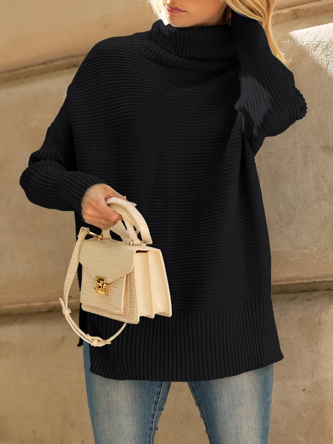LILLUSORY Women's Oversized Turtleneck Sweaters Fall Batwing Sleeve Ribbed Tunic Sweater