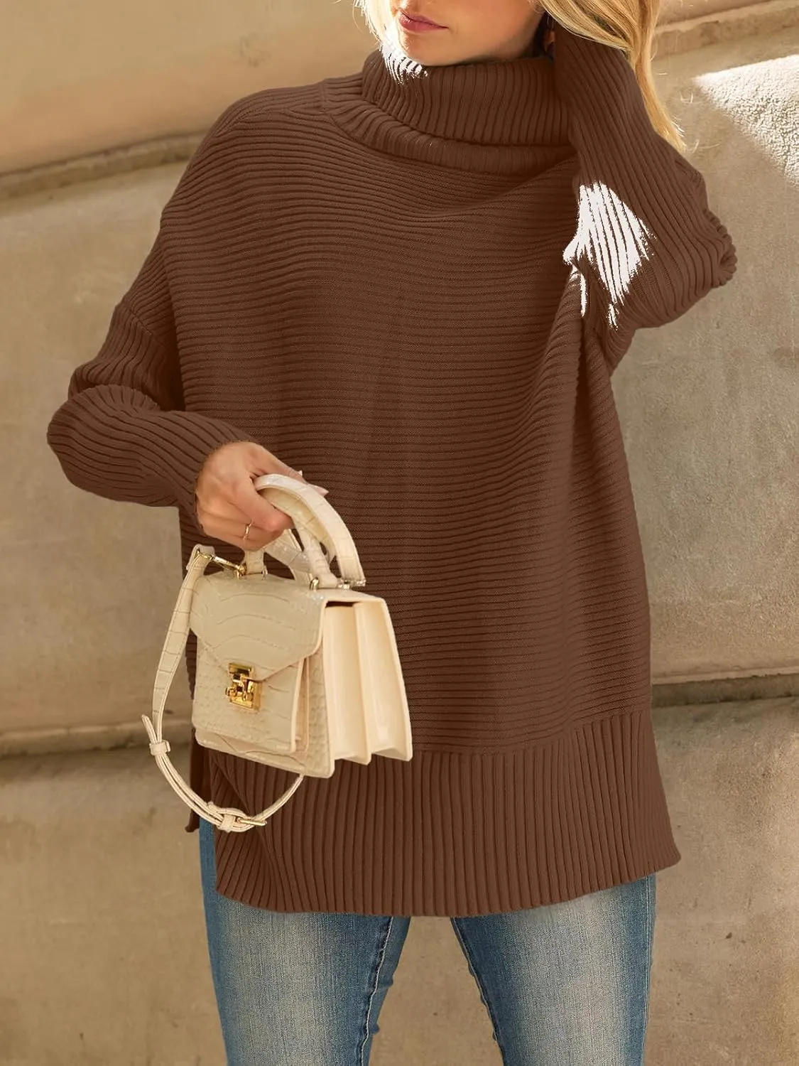 LILLUSORY Women's Oversized Turtleneck Sweaters Fall Batwing Sleeve Ribbed Tunic Sweater